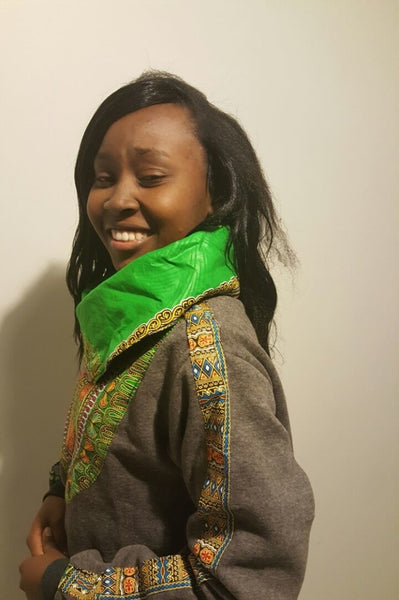 Grey Snoody with Green-lined in-built scarf