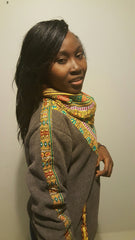 Grey Snoody with mixed colors in-built scarf featuring maroon and yellow